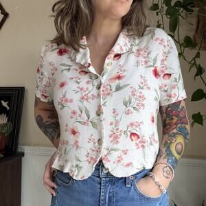 Jaclyn Smith Studio Floral Button-Up Collared Short Sleeve Tie Back Top M